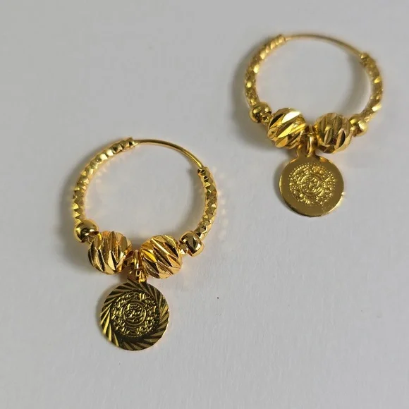 Vintage Dangle Hoop Earrings — Textured Beads & Coin Charms - Picture 4 of 5
